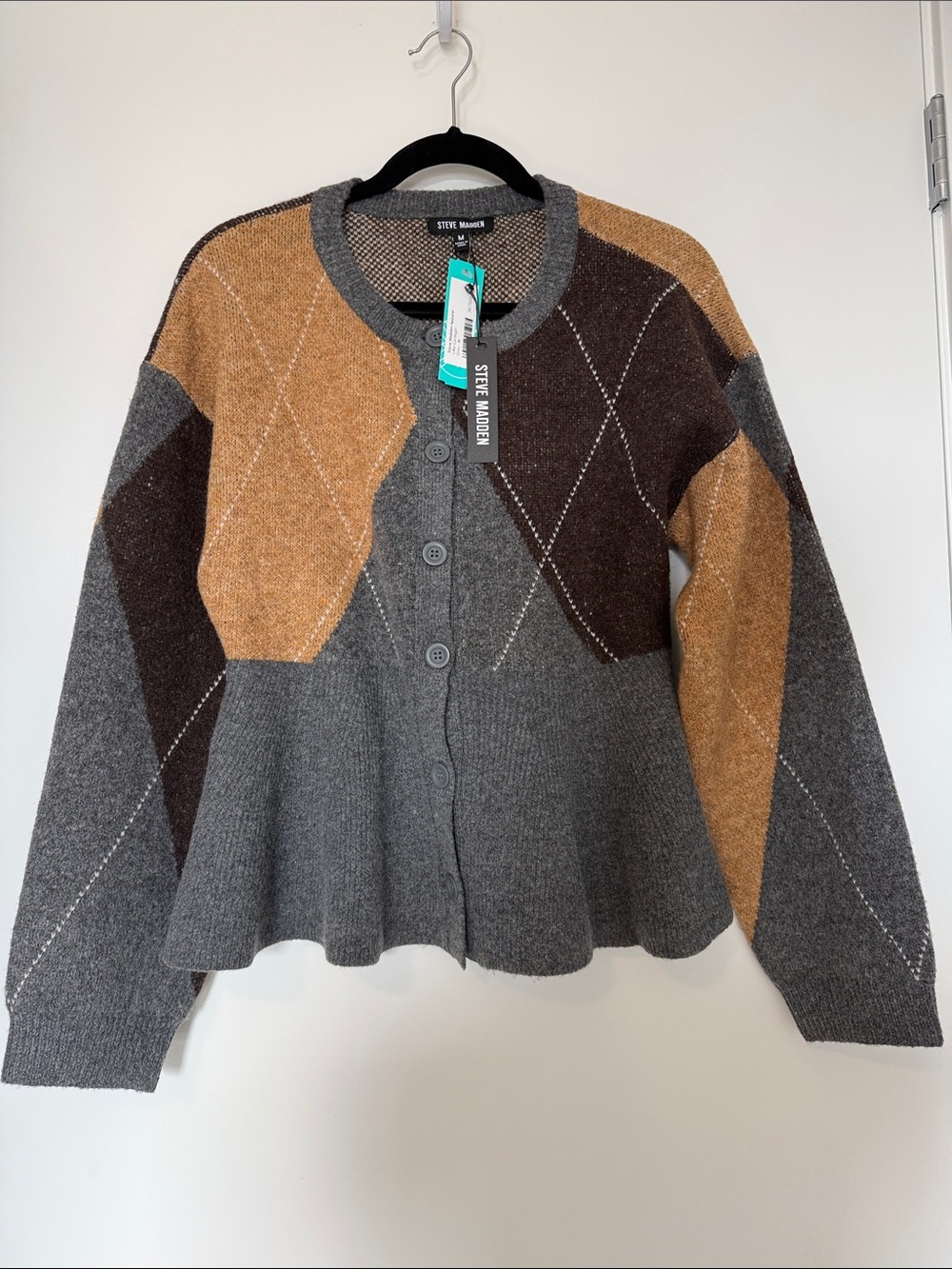 Steve Madden Gray Brown Tan Argyle Peplum Knit Cardigan
